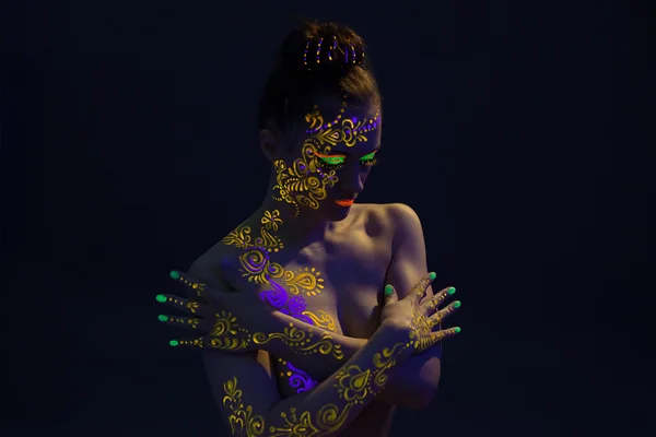 Portrait of sexy woman with neon pattern on body — Stock Photo, Image