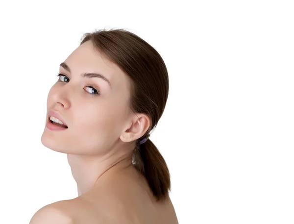 Beautiful young girl posing at camera, close-up — Stock Photo, Image