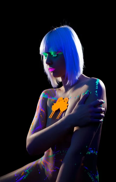 Image of disco girl with luminous pattern on body — Stock Photo, Image