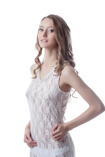 Shot of charming long-haired girl in lace negligee — Stock Photo, Image