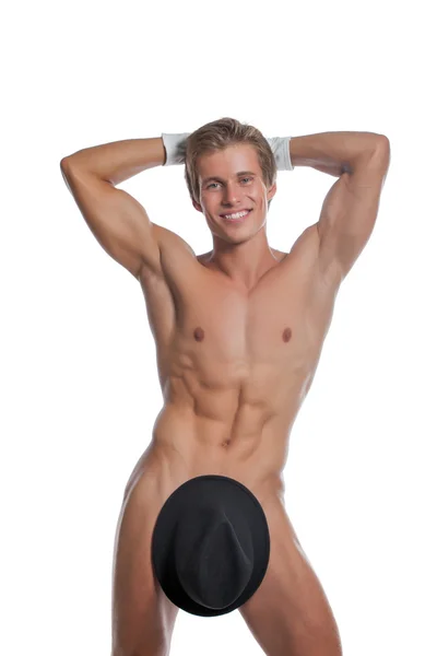 Hombre desnudo alegre posando con sombrero y guantes — Foto de Stock