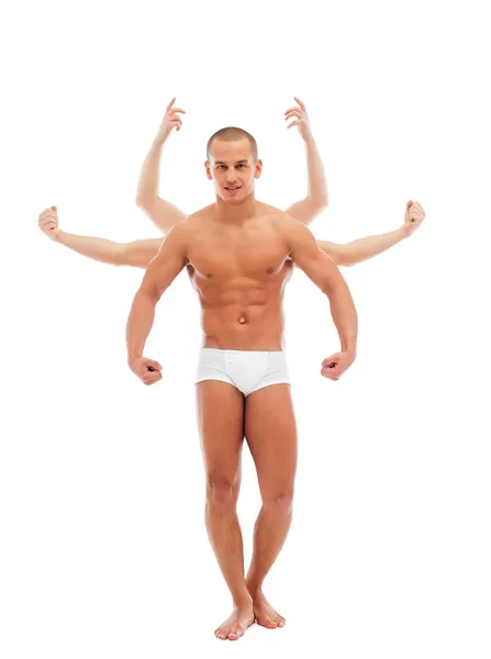 Attractive young man posing with many arms — Stock Photo, Image