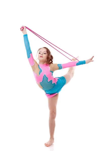 Cute little gymnast practicing with skipping rope — Stock Photo, Image