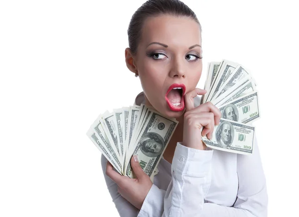 お金の束を持つ若いセクシーな女性は口を拭く — ストック写真