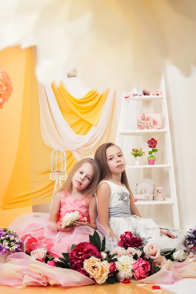 Estudio de hermanas bonitas posando con flores —  Fotos de Stock