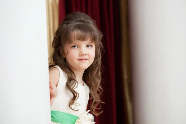 Adorável menina de olhos castanhos posando olhando para a câmera — Fotografia de Stock