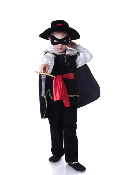Niño serio posando en traje de Zorro — Foto de Stock