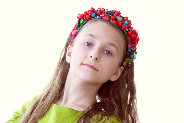 Lovely little dancer posing with wreath, close-up — Stock Photo, Image