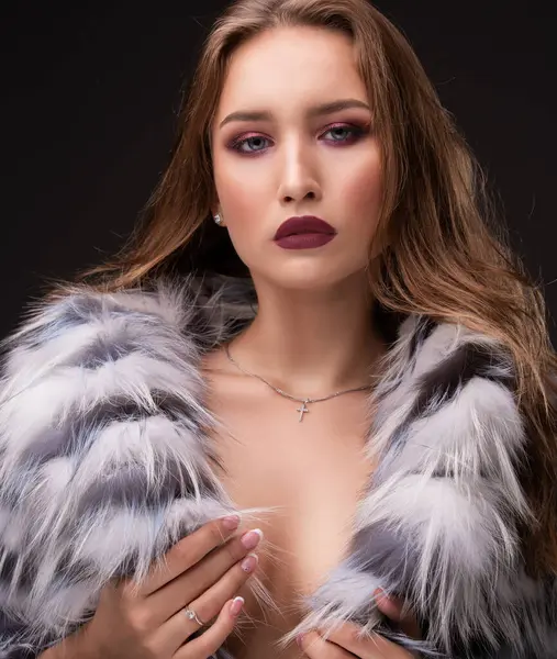 Gorgeous Sexy Girl Wearing Only Fur Coat Portrait Black Wall — Stock Photo, Image
