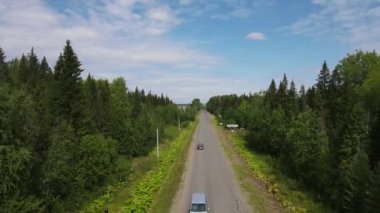 Yeşil kozalaklı ormanın içinden geçen düz asfalt yolun manzarası bulutlu mavi gökyüzü, Murashi, Kirov Bölgesi