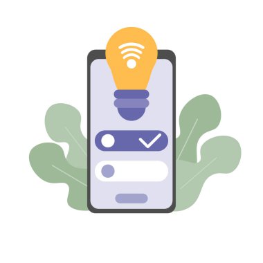 Akıllı telefon tarafından kontrol edilen akıllı ampul. Akıllı ev sistemindeki akıllı lambaları kontrol etmek için kullanılan telefon uygulaması. Kablosuz bağlantı ile kullanıcı arayüzü ile Ampul ve Akıllı Telefon. UI, UX, KIT uygulaması. Vektör illüstrasyonu