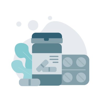 Ortada ilaç şişesi, tabletler ve kapsüller. Vektör illüstrasyonu, konsept ve grafik tasarımı.