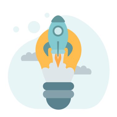Yeni bir iş kurmak, yeni bir iş fikri yaratmak için motivasyon ve başarı kavramı yaratmak. Ampulün içindeki yeni roket fikri. Düz vektör illüstrasyonu.