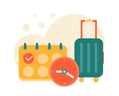 Yaz tatili illüstrasyonunda bavul ve çanta, takvim ve saat yolculuğu. Vektör illüstrasyonu