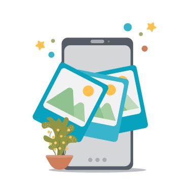 Mobil galeri veya fotoğraf galerisi illüstrasyon konsepti. akıllı telefon vektör illüstrasyonunda fotoğraf albümü, akıllı telefondan aile fotoğrafçılığı.