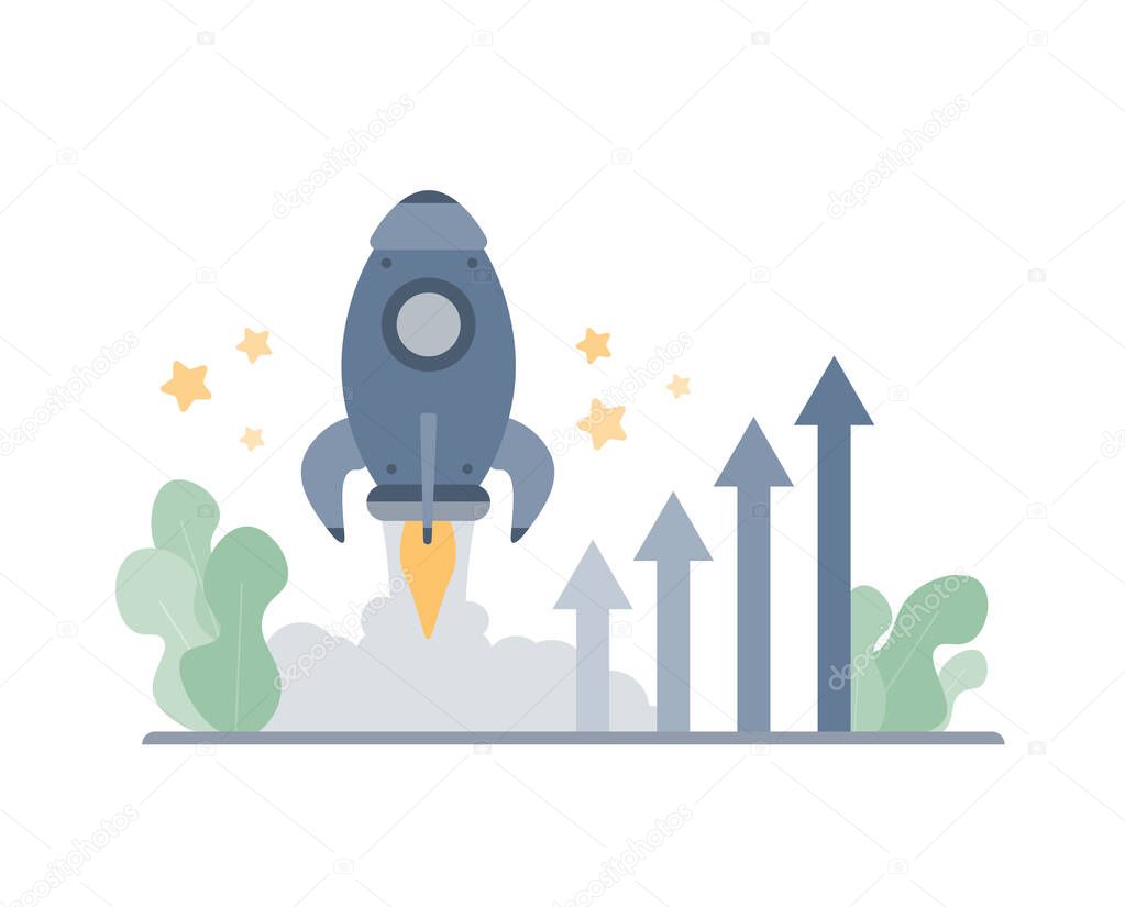 Rocket with arrows going up, personal and career development. Concept of fast growth and boost. Cartoon minimal style.