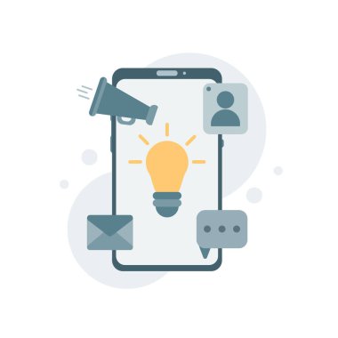 Mobile phone with volumetric icons. Vector illustration, abstract technology communication. Social media creative idea.