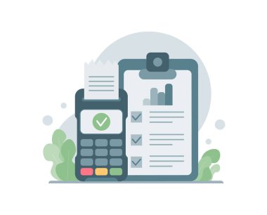 Business operation and analysis, audit. POS Terminal with Receipt. Financial inspection and analytics. Cartoon minimal style