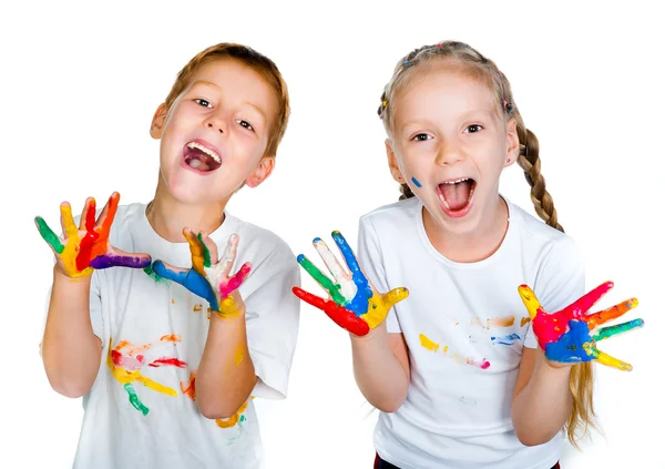 Kinder mit den Händen in der Farbe — Stockfoto
