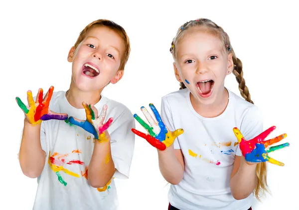 Enfants avec des mains de hamster dans la peinture — Photo