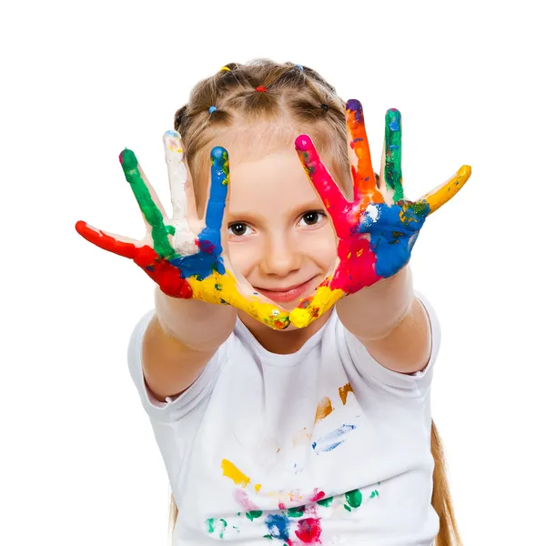 Menina com as mãos em tinta Fotografia De Stock