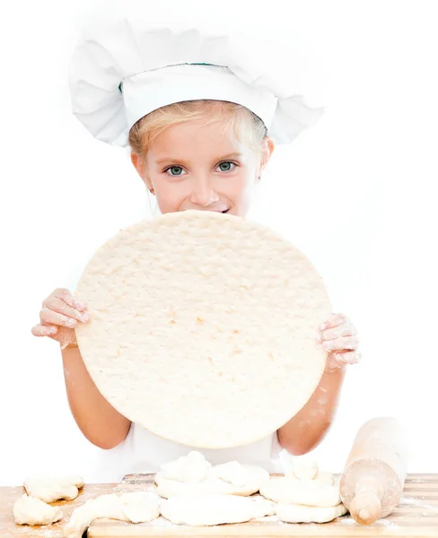 Girl with pizza dough — Stok fotoğraf