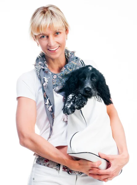 Woman and cocker spaniel in bag — Zdjęcie stockowe