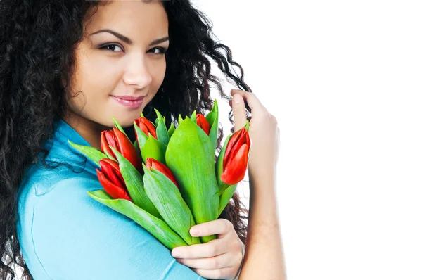 Ragazza con tulipani — Foto Stock