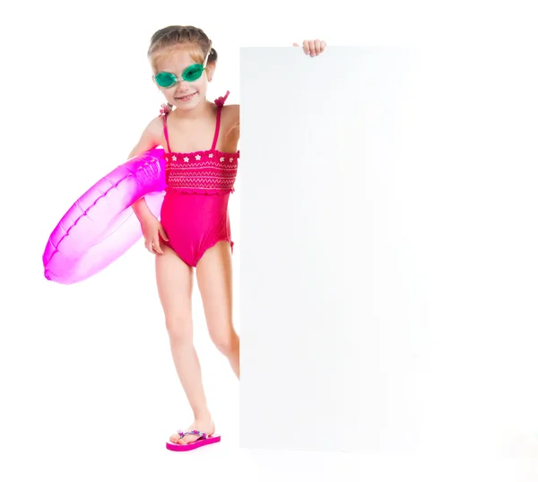 Girl in swimming suit with white banner — Stock Photo, Image