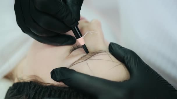 Косметолог делает брови постоянным макияжем — стоковое видео