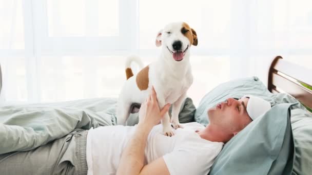 Bărbat cu câine în pat — Videoclip de stoc
