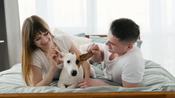 Pasangan dengan anjing di tempat tidur — Stok Video