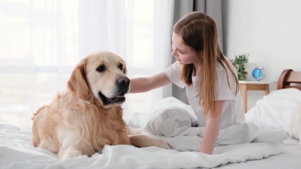 Flicka med golden retriever hund i sängen — Stockvideo