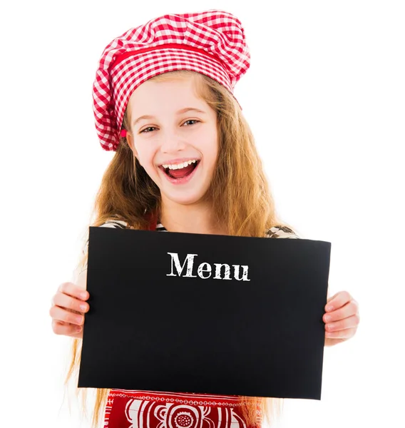 Menina segurando menu mockup com espaço de cópia — Fotografia de Stock
