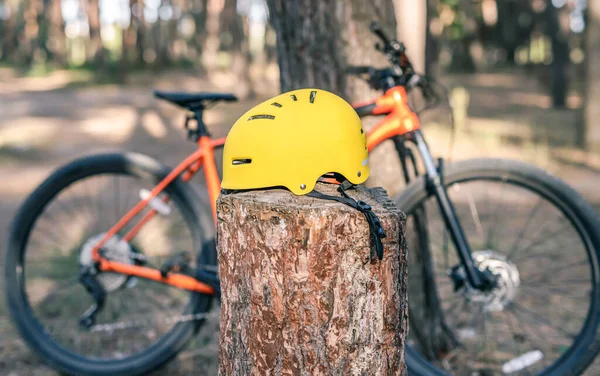 Capacete de bicicleta no toco na floresta — Fotografia de Stock