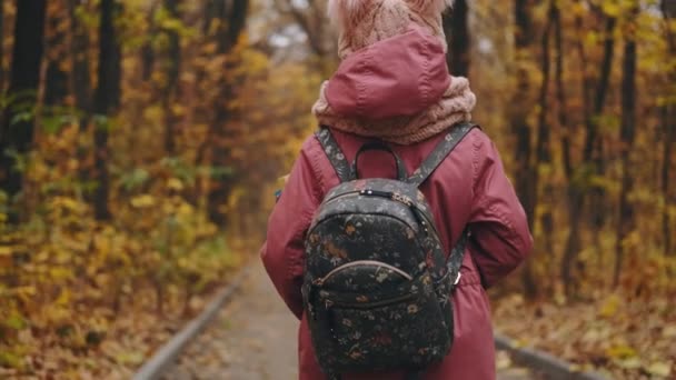Escuela chica caminando en otoño parque — Vídeos de Stock