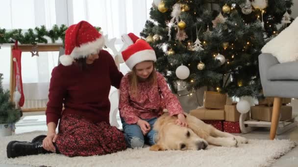 Mutter und Tochter in Weihnachtsmannmützen — Stockvideo