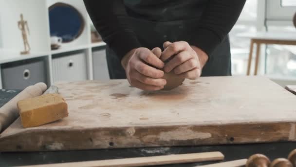 Potter Kneads Row Clay His Hands Preparing Make Blank Bowl — Stock Video