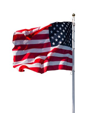 Rüzgarda dalgalanan Amerikan ulusal bayrağı telif uzayı ile dikey beyaz arka planda izole edildi. ABD 'nin demokrasi, bağımsızlık ve özgürlük sembolü