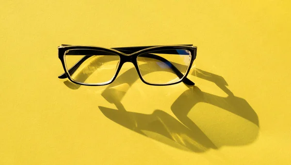 Blck Glasses Isolated Yellow Background Copyspace Concept Eyesight Vision Modern — Foto Stock