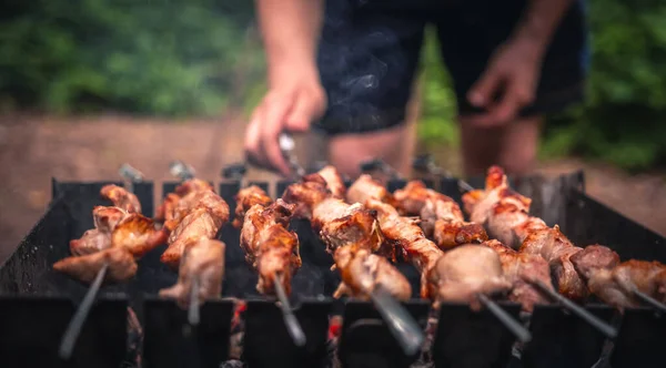 Man Hands Straighten Metal Skewer Barbecue Delicious Grilled Meat Smoke — Stock Photo, Image