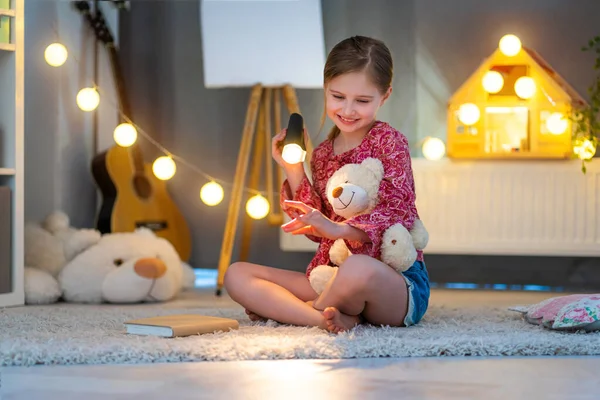 Happy Little Girl Playing Shadows Childrens Room — Zdjęcie stockowe
