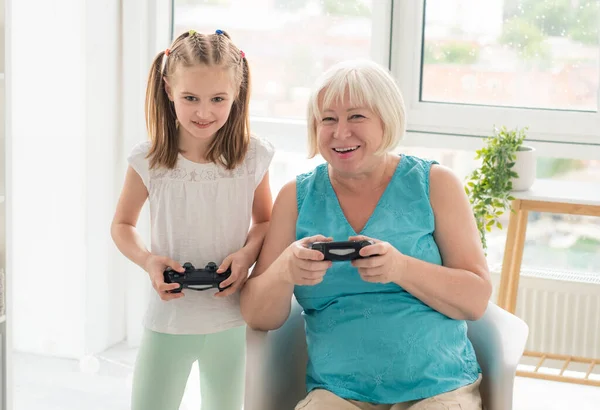 Happy Aged Woman Playing Video Game Granddaughter — Stock Photo, Image