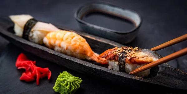 Delicious Sushi Sashimi Set Shrimps Ginger Soy Sauce Served Chopsticks — Stock Photo, Image