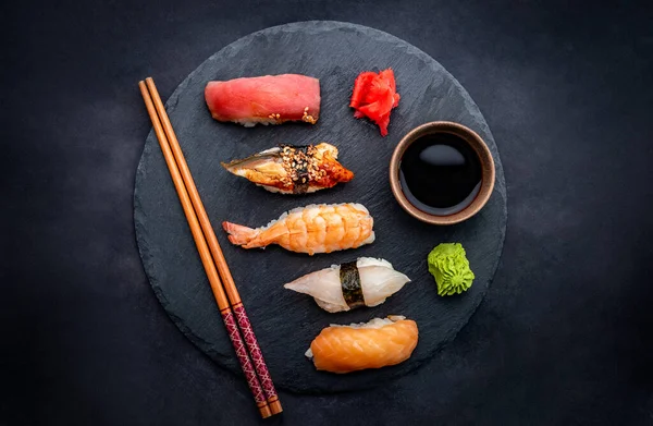 Tasty Sushi Sashimi Set Composition Shrimps Ginger Soy Sauce Served — Stock Photo, Image