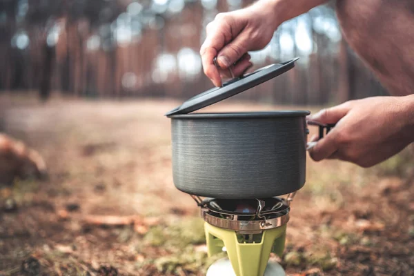 Cooking Process Camping Wood Pan Gas Equipment Food Preparation Picnic — Zdjęcie stockowe