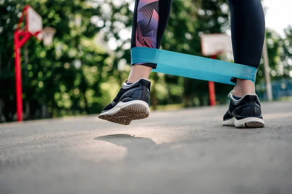 Young Girl Woman Exercising Outdoors Mini Rubber Elastic Band Doing — 图库照片