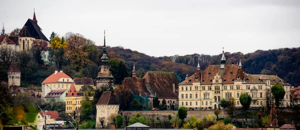 Αρχαία Πόλη Sighisoara Στη Ρουμανία Πανοραμική Παλιά Πύργο Ρολόι Κάστρο — Φωτογραφία Αρχείου