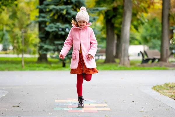 Pretty Girl Kid Jumping Street Playing School Autumn Day Happy — Stock Photo, Image