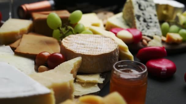 Mix Cheese Fruits Cheese Plate Wine Appetizer Black Background — Stock Video